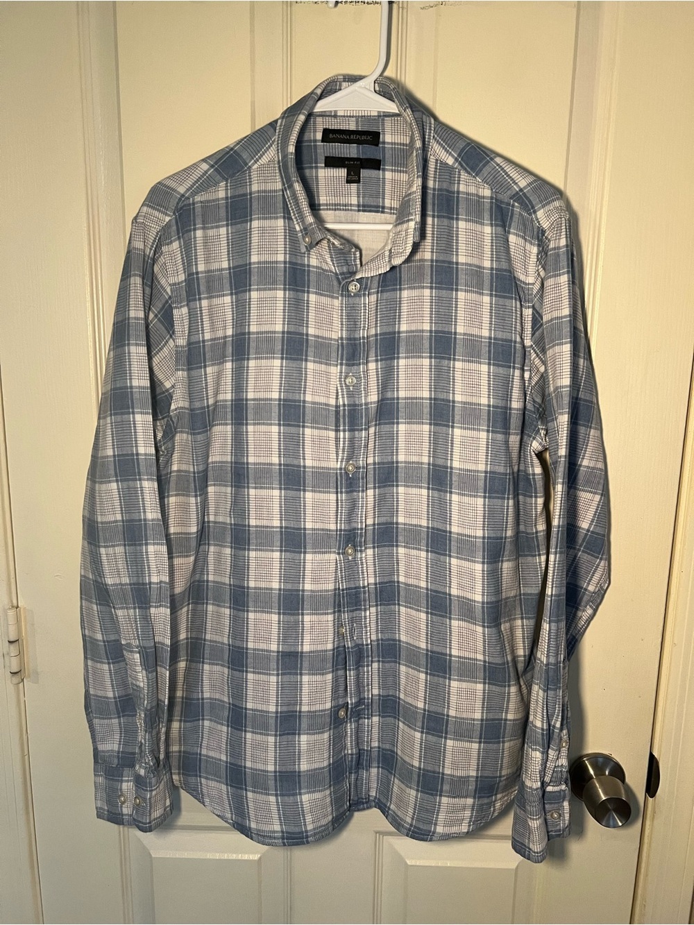 Banana Republic Slim Fit Plaid Button Down Shirt Blue White 100% Cotton